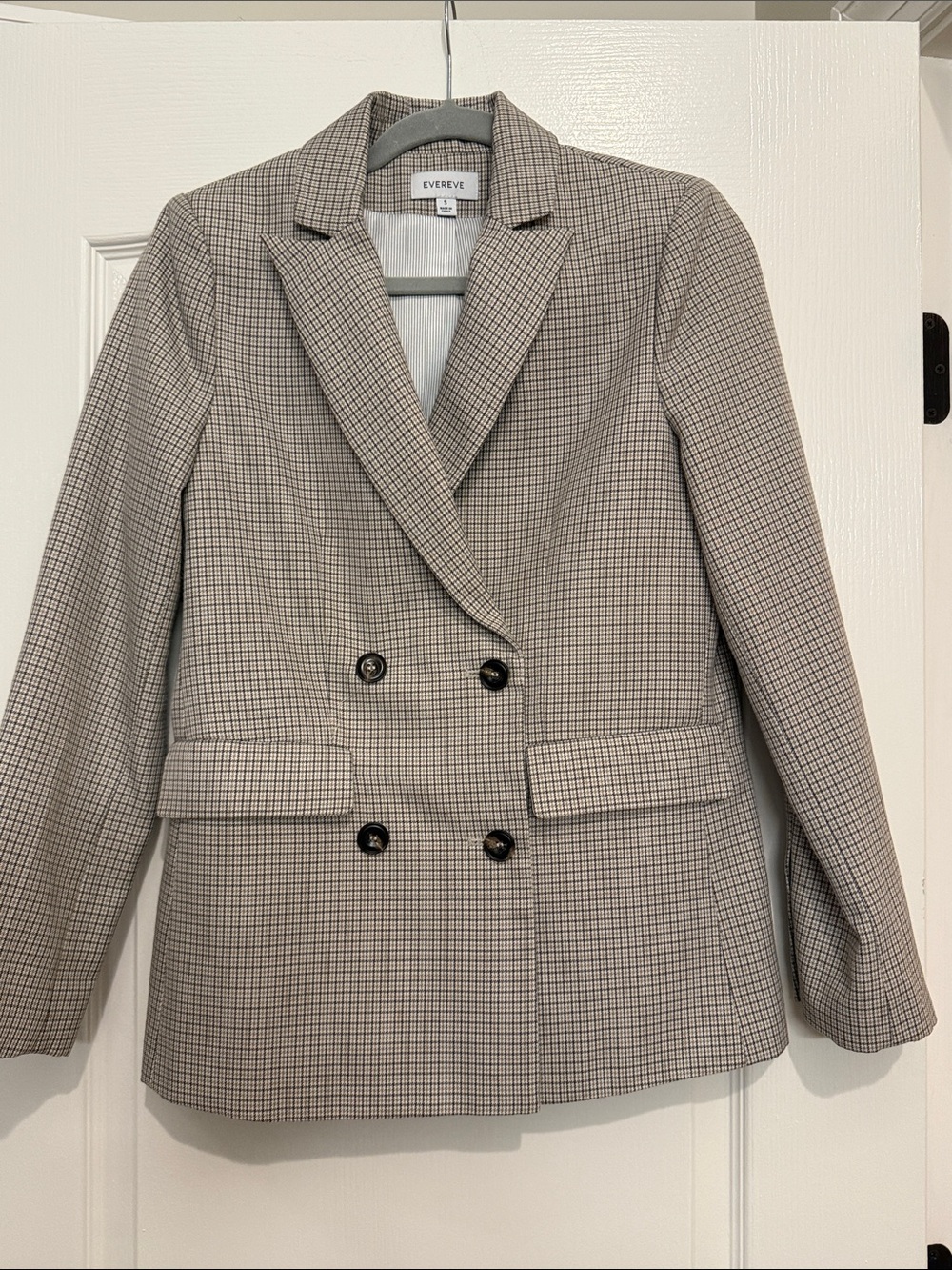 Evereve Gray Micro-Check Double-Breasted Blazer